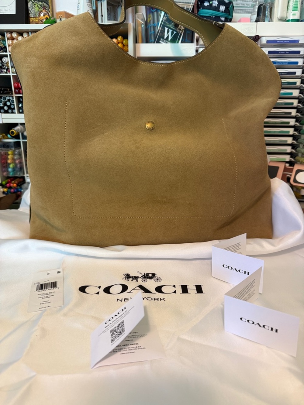 COACH Tan Suede Hobo Tote with Gold Accent with tags